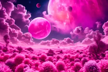 Poster Roze a beautiful cosmic landscape with a pink planet in pink clouds. Pink doll planet