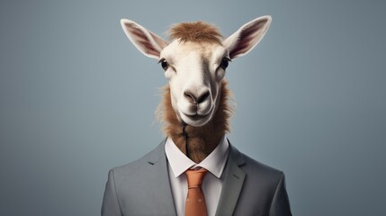 A portrait of a donkey wearing a brown suit and tie.