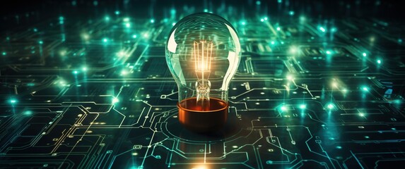 Glowing Light Bulb Over Circuit Board