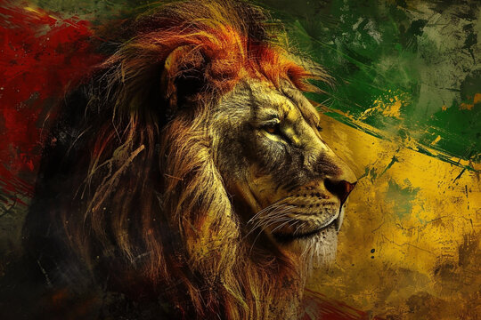 A depiction of the Rastafarian Lion of Judah, adorned with the colors of the Ethiopian flag.