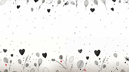 A white background with black and white hearts and leaves. 