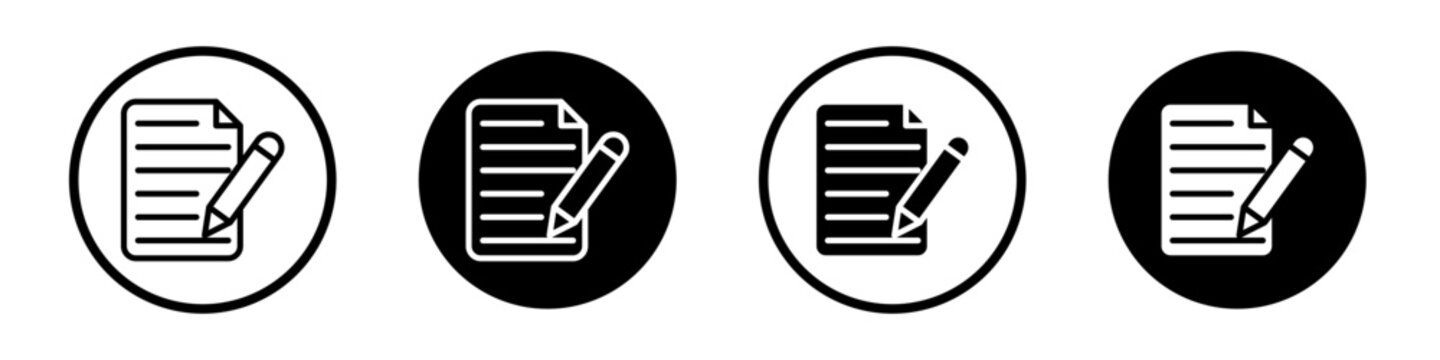 Edit file icon set. Notepad with pen and paper vector symbol in a black filled and outlined style. File editing with pencil and paper pictogram sign.