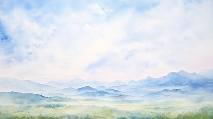 A watercolor painting of a field of green plant with mountains and cloud blue sky in the background.