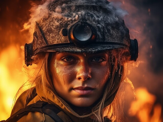 Female firefighter at work close-up. Woman career concept