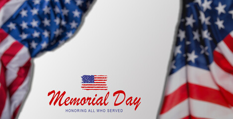 Memorial Day - Remember and Honor Poster. Usa memorial day celebration. American national holiday. Invitation template with red text and waving us flag on white background. Vector.