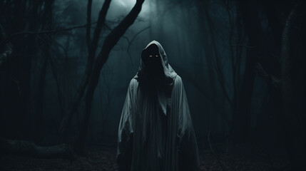 Forest Ghost, Cinematic Night Shot Captures Ghostly Figure in Enigmatic Forest, Face Shrouded in Total Darkness. Ai generated
