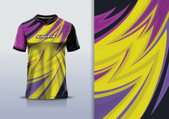 T-shirt mockup with abstract pattern, line  jersey design for football, soccer, racing, esports, running, in purple yellow color	