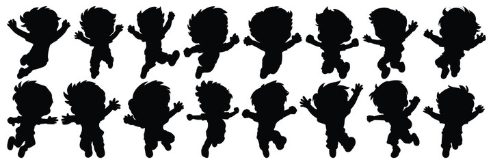 Jumping kid child silhouettes set, large pack of vector silhouette design, isolated white background
