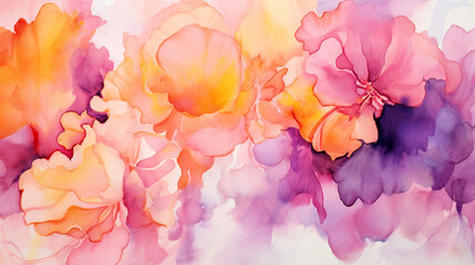 Watercolor background. Purple magenta pink peach coral orange yellow beige white watercolor