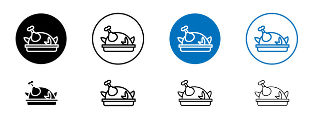 Roasted chicken turkey line icon set. Cooked meat symbol in black and blue color.