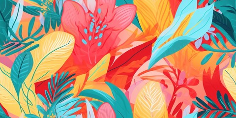 Vibrant and colorful tropical leaves and flowers