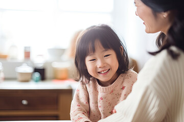 A joyful Japanese mother and her adorable daughter share laughter and love indoors, fostering a close bond.