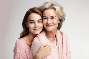 A multigenerational family portrait with senior mother and adult daughter embracing outdoors with love.