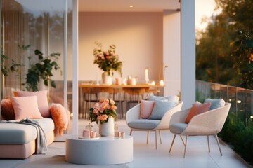 A pastel and cozy balcony with a luxurious sofa, armchair, and vibrant flower accents.