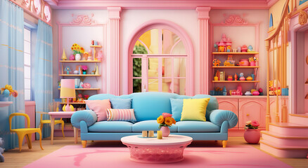 Unique design scene with pillow sofa in a colorful room interior