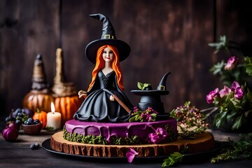 cake topper. edible fondant witch figurine. two doll princess cake. and flowers black doll