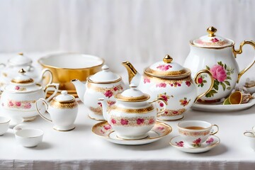 A doll and toy tea set on a white background