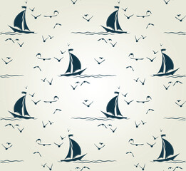 The seamless background with sailboat in the sea and birds.
