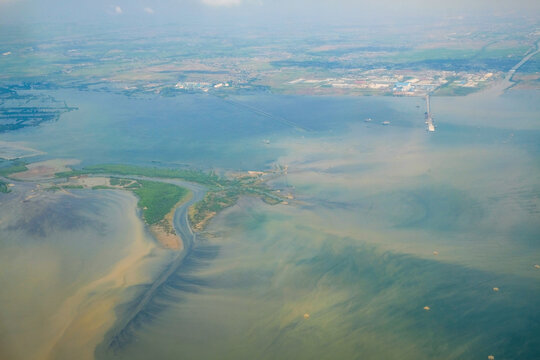 Aerial view of one of the biggest River in Borneo Island. Shoot from Airplane. Aerial Photography, Geographic, Indonesia.
