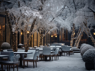 A beautiful winter outdoor cafe with a stylish interior. New Year vibe
