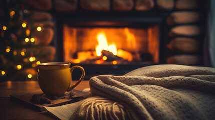 A cup of coffee and a blanket in front of a fireplace. Cozy Christmas interior