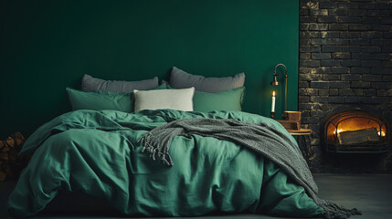 A bed with green bedding and fireplace in the side of it. Cozy winter interior