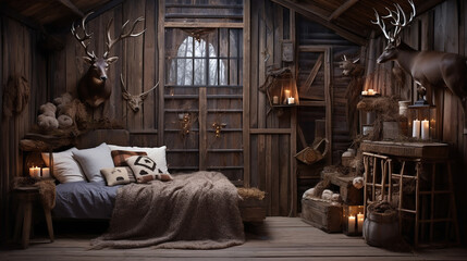 Obraz na płótnie Canvas A room with a bed and a deer head. Cozy winter interior