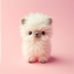 Сute fluffy white baby lama toy on a pastel pink background. Minimal adorable animals concept. Wide screen wallpaper. Web banner with copy space for design.