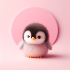 Сute fluffy baby penguin bird toy on a pastel pink background. Minimal adorable animals concept. Wide screen wallpaper. Web banner with copy space for design. - obrazy, fototapety, plakaty