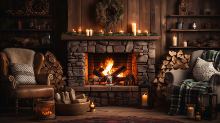 Cozy living room with fireplace, winter interior