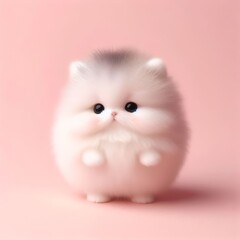Obraz premium Сute fluffy white kitten toy on a pastel pink background. Minimal adorable animals concept. Wide screen wallpaper. Web banner with copy space for design.