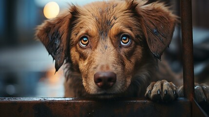 Stray homeless dog in animal shelter cage - obrazy, fototapety, plakaty