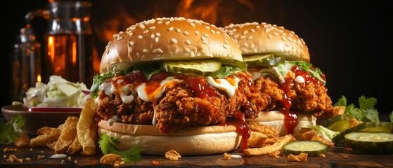 fresh crispy fried chicken burger sandwich with flying ingredients - obrazy, fototapety, plakaty