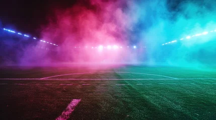 Wandcirkels tuinposter textured soccer game field with neon fog - center, midfield © Jennifer