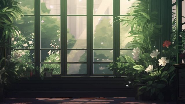 room with greenery flowers. petal falling outside.  virtual backgrounds, stream overlay loop, vtuber asset twitch zoom OBS screen, seamless looping overlay 4k virtual video animation background 