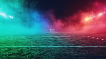 Fototapeta premium textured soccer game field with neon fog - center, midfield