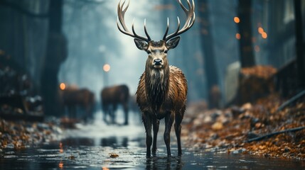 Deer standing on the road near the forest on a misty - obrazy, fototapety, plakaty