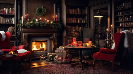 Fototapeta na wymiar Cozy living room with fireplace, winter interior