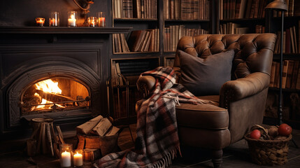 Cozy living room with fireplace, winter interior