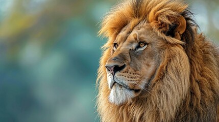 A majestic lion gracefully poses against a serene and expansive copy space background