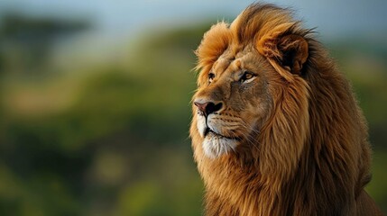 Fototapeta premium A majestic lion gracefully poses against a serene and expansive copy space background