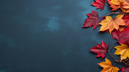 autumn background with colored red leaves on blue background
