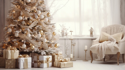 Cozy winter living room with Christmas tree. Christmas and New Year concept