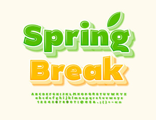 Vector trendy emblem Spring Break. Fresh Green Font. Modern 3D Alphabet Letters and Numbers.