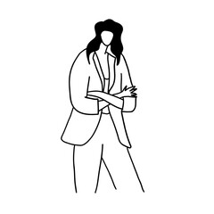 Stylish, minimalistic and modern fashion lady. Vector illustration in hand drawn outline doodle simple contour style isolated on white background. For poster, presentation, web site.