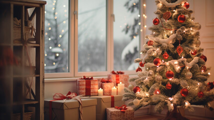 Fototapeta na wymiar Cozy winter living room with Christmas tree. Christmas and New Year concept