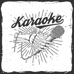 Karaoke party poster, banner. Skeleton hand with retro microphone with sunburst vintage typography design for t shirt, emblem, logo, badge design. Vector illustration. Bones hand vintage.