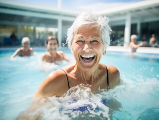 Fototapeta premium Active senior women enjoying aqua fit class in a pool. The concept of active life in old age