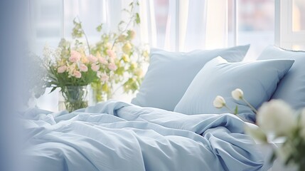 Bedroom with pale blue linens and natural light from the window with flowers.
