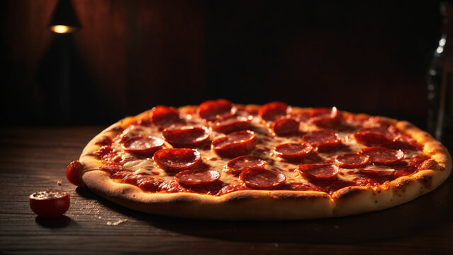 
image that embodies the indulgence of a pepperoni pizza slice on a dark wooden table focus on the interplay of shadows and highlights, bringing out the warmth and richness of the pizza.